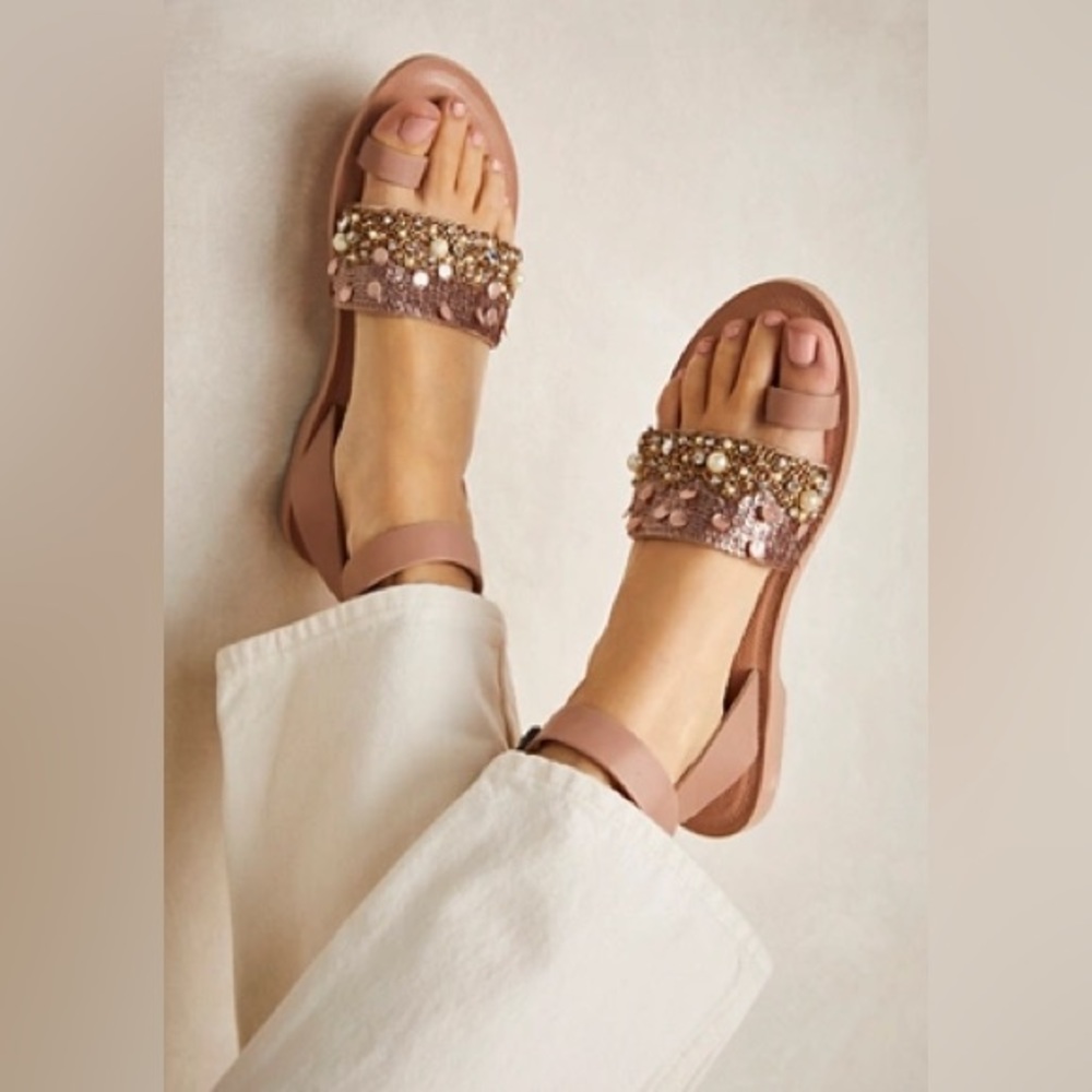 Free People Sun Peaks Pearl Embellished Leather Ankle Sandal Size 40 (US 9/9.5)